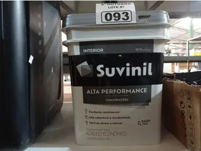 LOTE 093 - 01 BALDE DE TINTA SUVINIL INTERIORES NA COR FOSCO BRANCO 18L. (NO ESTADO) ATENÇÃO! FAZER A VISITAÇÃO ANTES DE ARREMATAR, NÃO SABEMOS SE FUNCIONA. LEILÃO NÃO TEM GARANTIA E NEM DEVOLUÇÃO, SUJEITO A POSSÍVEIS AVARIAS VISÍVEIS/OCULTAS E/OU AUSÊNCIA DE COMPONENTES.