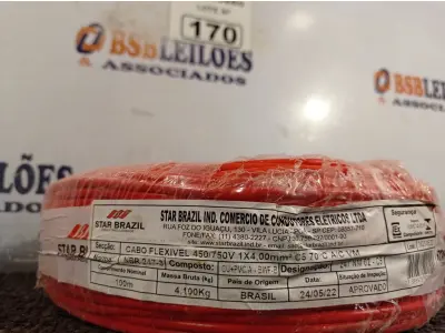 LOTE 170 - 01 ROLO DE CABO FLEXÍVEL 100M 4MM NA COR VERMELHA. (NO ESTADO) ATENÇÃO! FAZER A VISITAÇÃO ANTES DE ARREMATAR, NÃO SABEMOS SE FUNCIONA. LEILÃO NÃO TEM GARANTIA E NEM DEVOLUÇÃO, SUJEITO A POSSÍVEIS AVARIAS VISÍVEIS/OCULTAS E/OU AUSÊNCIA DE COMPONENTES.