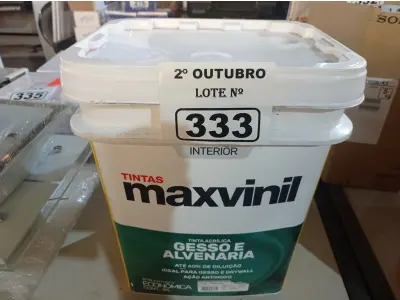 LOTE 333 - 01 BALDE DE TINTA MAXIVINIL INTERIORES NA COR FOSCO BRANCO NEVE. (NO ESTADO) ATENÇÃO! FAZER A VISITAÇÃO ANTES DE ARREMATAR, NÃO SABEMOS SE FUNCIONA. LEILÃO NÃO TEM GARANTIA E NEM DEVOLUÇÃO, SUJEITO A POSSÍVEIS AVARIAS VISÍVEIS/OCULTAS E/OU AUSÊNCIA DE COMPONENTES.