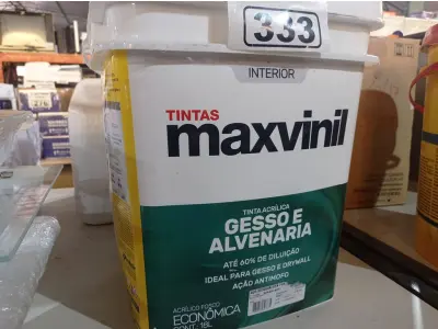 LOTE 333 - 01 BALDE DE TINTA MAXIVINIL INTERIORES NA COR FOSCO BRANCO NEVE. (NO ESTADO) ATENÇÃO! FAZER A VISITAÇÃO ANTES DE ARREMATAR, NÃO SABEMOS SE FUNCIONA. LEILÃO NÃO TEM GARANTIA E NEM DEVOLUÇÃO, SUJEITO A POSSÍVEIS AVARIAS VISÍVEIS/OCULTAS E/OU AUSÊNCIA DE COMPONENTES.