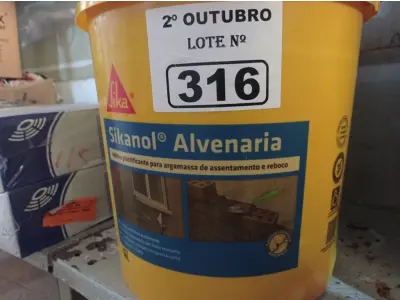 LOTE 316 - 01 BALDE DE SIKANOL ALVENARIA, ADITIVO PLASTIFICANTE PARA ARGAMASSA DE ASSENTAMENTO E REBOCO. (NO ESTADO) ATENÇÃO! FAZER A VISITAÇÃO ANTES DE ARREMATAR, NÃO SABEMOS SE FUNCIONA. LEILÃO NÃO TEM GARANTIA E NEM DEVOLUÇÃO, SUJEITO A POSSÍVEIS AVARIAS VISÍVEIS/OCULTAS E/OU AUSÊNCIA DE COMPONENTES.