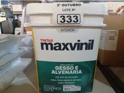 LOTE 333 - 01 BALDE DE TINTA MAXIVINIL INTERIORES NA COR FOSCO BRANCO NEVE. (NO ESTADO) ATENÇÃO! FAZER A VISITAÇÃO ANTES DE ARREMATAR, NÃO SABEMOS SE FUNCIONA. LEILÃO NÃO TEM GARANTIA E NEM DEVOLUÇÃO, SUJEITO A POSSÍVEIS AVARIAS VISÍVEIS/OCULTAS E/OU AUSÊNCIA DE COMPONENTES.