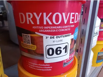 LOTE 061 - 01 BALDE DE DRYKOVEDA, ADITIVO IMPERMEABILIZANTE PARA CONCRETO E ARGAMASSA 18L. (NO ESTADO) ATENÇÃO! FAZER A VISITAÇÃO ANTES DE ARREMATAR, NÃO SABEMOS SE FUNCIONA. LEILÃO NÃO TEM GARANTIA E NEM DEVOLUÇÃO, SUJEITO A POSSÍVEIS AVARIAS VISÍVEIS/OCULTAS E/OU AUSÊNCIA DE COMPONENTES.