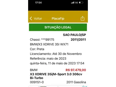 LOTE 635 - 01 I/BMW X3 XDRIVE 35I WX71,  COR PRETA, GASOLINA, ANO 2011/2011(NO ESTADO) (VISITAÇÃO AGENDAR 61-98153-0503) (VEÍCULO EM GOIÂNIA)