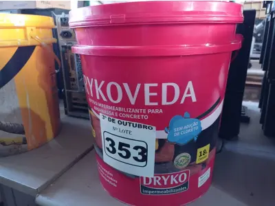 LOTE 353 - 01 BALDE DE DRYKOVEDA, ADITIVO IMPERMEABILIZANTE PARA CONCRETO E ARGAMASSA 18L. (NO ESTADO) ATENÇÃO! FAZER A VISITAÇÃO ANTES DE ARREMATAR, NÃO SABEMOS SE FUNCIONA. LEILÃO NÃO TEM GARANTIA E NEM DEVOLUÇÃO, SUJEITO A POSSÍVEIS AVARIAS VISÍVEIS/OCULTAS E/OU AUSÊNCIA DE COMPONENTES.