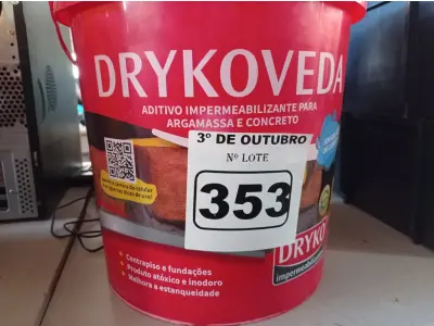 LOTE 353 - 01 BALDE DE DRYKOVEDA, ADITIVO IMPERMEABILIZANTE PARA CONCRETO E ARGAMASSA 18L. (NO ESTADO) ATENÇÃO! FAZER A VISITAÇÃO ANTES DE ARREMATAR, NÃO SABEMOS SE FUNCIONA. LEILÃO NÃO TEM GARANTIA E NEM DEVOLUÇÃO, SUJEITO A POSSÍVEIS AVARIAS VISÍVEIS/OCULTAS E/OU AUSÊNCIA DE COMPONENTES.