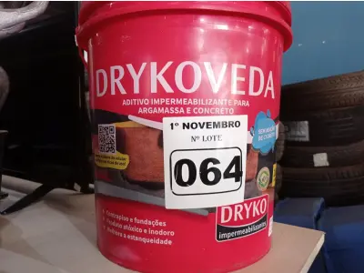LOTE 064 - 01 BALDE DE DRYKOVEDA, ADITIVO IMPERMEABILIZANTE PARA ARGAMASSA E CONCRETO 18L. (NO ESTADO) ATENÇÃO! FAZER A VISITAÇÃO ANTES DE ARREMATAR, NÃO SABEMOS SE FUNCIONA. LEILÃO NÃO TEM GARANTIA E NEM DEVOLUÇÃO, SUJEITO A POSSÍVEIS AVARIAS VISÍVEIS/OCULTAS E/OU AUSÊNCIA DE COMPONENTES.