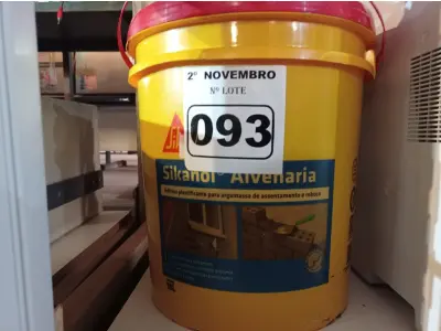 LOTE 093 - 01 BALDE DE SIKANOL ALVENARIA, ADITIVO PLASTIFICANTE PARA ARGAMASSA DE ASSENTAMENTO E REBOCO. (NO ESTADO) ATENÇÃO! FAZER A VISITAÇÃO ANTES DE ARREMATAR, NÃO SABEMOS SE FUNCIONA. LEILÃO NÃO TEM GARANTIA E NEM DEVOLUÇÃO, SUJEITO A POSSÍVEIS AVARIAS VISÍVEIS/OCULTAS E/OU AUSÊNCIA DE COMPONENTES.
