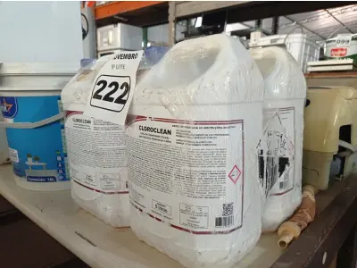 LOTE 222 - 20 LITROS DE CLOROCLEAN, LIMPADOR DESINFETANTE CLORADO PARA INDÚSTRIAS ALIMENTÍCIAS E AFINS. (NO ESTADO) ATENÇÃO! FAZER A VISITAÇÃO ANTES DE ARREMATAR, NÃO SABEMOS SE FUNCIONA. LEILÃO NÃO TEM GARANTIA E NEM DEVOLUÇÃO, SUJEITO A POSSÍVEIS AVARIAS VISÍVEIS/OCULTAS E/OU AUSÊNCIA DE COMPONENTES.