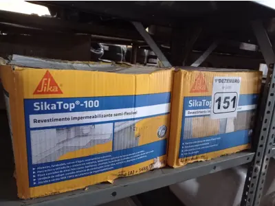 LOTE 151 - 02 CAIXAS DE REVESTIMENTO IMPERMEABILIZANTE SEMI-FLEXIVEL SIKA TOP 100 18KG. (NO ESTADO) ATENÇÃO! FAZER A VISITAÇÃO ANTES DE ARREMATAR, NÃO SABEMOS SE FUNCIONA. LEILÃO NÃO TEM GARANTIA E NEM DEVOLUÇÃO, SUJEITO A POSSÍVEIS AVARIAS VISÍVEIS/OCULTAS E/OU AUSÊNCIA DE COMPONENTES.