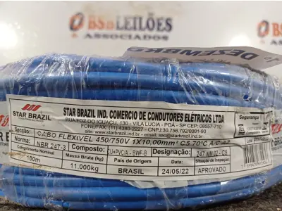 LOTE 180 - 01 ROLO DE CABO FLEXÍVEL 100M 1X10MM NA COR AZUL(NOVO). (NO ESTADO) ATENÇÃO! FAZER A VISITAÇÃO ANTES DE ARREMATAR, NÃO SABEMOS SE FUNCIONA. LEILÃO NÃO TEM GARANTIA E NEM DEVOLUÇÃO, SUJEITO A POSSÍVEIS AVARIAS VISÍVEIS/OCULTAS E/OU AUSÊNCIA DE COMPONENTES.