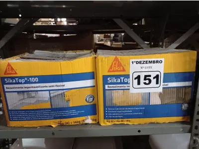LOTE 151 - 02 CAIXAS DE REVESTIMENTO IMPERMEABILIZANTE SEMI-FLEXIVEL SIKA TOP 100 18KG. (NO ESTADO) ATENÇÃO! FAZER A VISITAÇÃO ANTES DE ARREMATAR, NÃO SABEMOS SE FUNCIONA. LEILÃO NÃO TEM GARANTIA E NEM DEVOLUÇÃO, SUJEITO A POSSÍVEIS AVARIAS VISÍVEIS/OCULTAS E/OU AUSÊNCIA DE COMPONENTES.