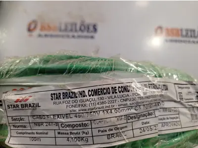 LOTE 260 - 01 ROLO DE CABO FLEXÍVEL 100M 1X4MM NA COR VERDE(NOVO). (NO ESTADO) ATENÇÃO! FAZER A VISITAÇÃO ANTES DE ARREMATAR, NÃO SABEMOS SE FUNCIONA. LEILÃO NÃO TEM GARANTIA E NEM DEVOLUÇÃO, SUJEITO A POSSÍVEIS AVARIAS VISÍVEIS/OCULTAS E/OU AUSÊNCIA DE COMPONENTES.
