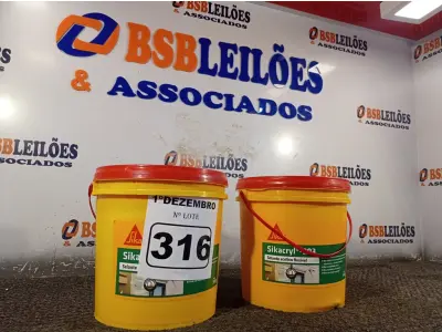 LOTE 316 - 02 BALDES DE SELANTE ACRÍLICO FLEXÍVEL SIKACRYL 203 5KG. (NO ESTADO) ATENÇÃO! FAZER A VISITAÇÃO ANTES DE ARREMATAR, NÃO SABEMOS SE FUNCIONA. LEILÃO NÃO TEM GARANTIA E NEM DEVOLUÇÃO, SUJEITO A POSSÍVEIS AVARIAS VISÍVEIS/OCULTAS E/OU AUSÊNCIA DE COMPONENTES.
