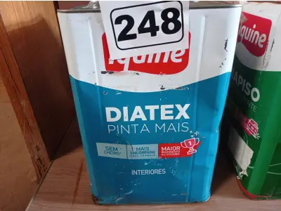 LOTE 248 - 01 LATA DE TINTA IQUINE DIATEX PINTA MAIS 18L FOSCO BASE “P”. (NO ESTADO) ATENÇÃO! FAZER A VISITAÇÃO ANTES DE ARREMATAR, NÃO SABEMOS SE FUNCIONA. LEILÃO NÃO TEM GARANTIA E NEM DEVOLUÇÃO, SUJEITO A POSSÍVEIS AVARIAS VISÍVEIS/OCULTAS E/OU AUSÊNCIA DE COMPONENTES.