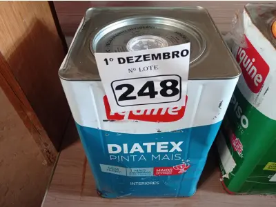 LOTE 248 - 01 LATA DE TINTA IQUINE DIATEX PINTA MAIS 18L FOSCO BASE “P”. (NO ESTADO) ATENÇÃO! FAZER A VISITAÇÃO ANTES DE ARREMATAR, NÃO SABEMOS SE FUNCIONA. LEILÃO NÃO TEM GARANTIA E NEM DEVOLUÇÃO, SUJEITO A POSSÍVEIS AVARIAS VISÍVEIS/OCULTAS E/OU AUSÊNCIA DE COMPONENTES.