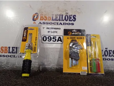 LOTE 095 - 01 KIT DE CHAVE ALLEN, 01 KIT DE CHAVE FENDA/PHILIPS E 01 CHAVE COM 06 PONTAS INTERCAMBIÁVEIS. (NO ESTADO) ATENÇÃO! FAZER A VISITAÇÃO ANTES DE ARREMATAR, NÃO SABEMOS SE FUNCIONA. LEILÃO NÃO TEM GARANTIA E NEM DEVOLUÇÃO, SUJEITO A POSSÍVEIS AVARIAS VISÍVEIS/OCULTAS E/OU AUSÊNCIA DE COMPONENTES.