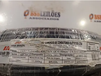 LOTE 175 - 01 ROLO DE CABO FLEXÍVEL 100M 1X10MM NA COR PRETA (NOVO). (NO ESTADO) ATENÇÃO! FAZER A VISITAÇÃO ANTES DE ARREMATAR, NÃO SABEMOS SE FUNCIONA. LEILÃO NÃO TEM GARANTIA E NEM DEVOLUÇÃO, SUJEITO A POSSÍVEIS AVARIAS VISÍVEIS/OCULTAS E/OU AUSÊNCIA DE COMPONENTES.