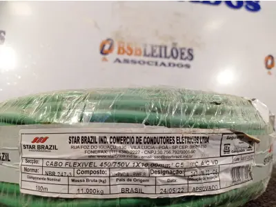LOTE 210 - 01 ROLO DE CABO FLEXÍVEL 100M 1X10MM NA COR VERDE (NOVO). (NO ESTADO) ATENÇÃO! FAZER A VISITAÇÃO ANTES DE ARREMATAR, NÃO SABEMOS SE FUNCIONA. LEILÃO NÃO TEM GARANTIA E NEM DEVOLUÇÃO, SUJEITO A POSSÍVEIS AVARIAS VISÍVEIS/OCULTAS E/OU AUSÊNCIA DE COMPONENTES.