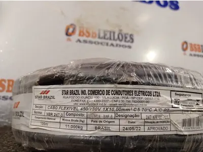 LOTE 240 - 01 ROLO DE CABO FLEXÍVEL 100M 1X10MM NA COR PRETA (NOVO). (NO ESTADO) ATENÇÃO! FAZER A VISITAÇÃO ANTES DE ARREMATAR, NÃO SABEMOS SE FUNCIONA. LEILÃO NÃO TEM GARANTIA E NEM DEVOLUÇÃO, SUJEITO A POSSÍVEIS AVARIAS VISÍVEIS/OCULTAS E/OU AUSÊNCIA DE COMPONENTES.