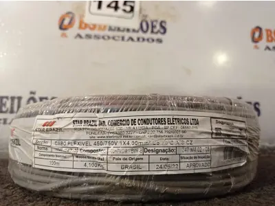 LOTE 145 - 01 ROLO DE CABO FLEXÍVEL 100M 1X4MM NA COR CINZA(NOVO). (NO ESTADO) ATENÇÃO! FAZER A VISITAÇÃO ANTES DE ARREMATAR, NÃO SABEMOS SE FUNCIONA. LEILÃO NÃO TEM GARANTIA E NEM DEVOLUÇÃO, SUJEITO A POSSÍVEIS AVARIAS VISÍVEIS/OCULTAS E/OU AUSÊNCIA DE COMPONENTES.