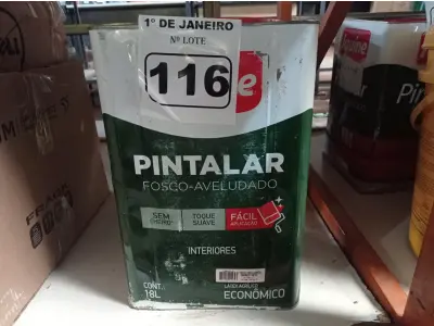 LOTE 116 - 01 LATA DE TINTA IQUINE PINTALAR FOSCO-AVELUDADO 18L NA COR PALHA. (NO ESTADO) ATENÇÃO! FAZER A VISITAÇÃO ANTES DE ARREMATAR, NÃO SABEMOS SE FUNCIONA. LEILÃO NÃO TEM GARANTIA E NEM DEVOLUÇÃO, SUJEITO A POSSÍVEIS AVARIAS VISÍVEIS/OCULTAS E/OU AUSÊNCIA DE COMPONENTES.