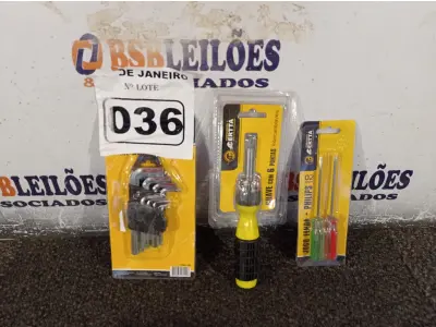 LOTE 036 - 01 JOGO FENDA -PHILIPS 02 PEÇAS, 01 KIT CHAVE ALLEN 09 PEÇAS E 01 CHAVE COM 06 PONTAS INTERCAMBIÁVEIS. (NOVO)(NO ESTADO) ATENÇÃO! FAZER A VISITAÇÃO ANTES DE ARREMATAR, NÃO SABEMOS SE FUNCIONA. LEILÃO NÃO TEM GARANTIA E NEM DEVOLUÇÃO, SUJEITO A POSSÍVEIS AVARIAS VISÍVEIS/OCULTAS E/OU AUSÊNCIA DE COMPONENTES.