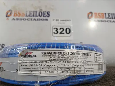 LOTE 320 - 01 ROLO DE CABO FLEXÍVEL 100M 1X4MM NA COR AZUL (NOVO). (NO ESTADO) ATENÇÃO! FAZER A VISITAÇÃO ANTES DE ARREMATAR, NÃO SABEMOS SE FUNCIONA. LEILÃO NÃO TEM GARANTIA E NEM DEVOLUÇÃO, SUJEITO A POSSÍVEIS AVARIAS VISÍVEIS/OCULTAS E/OU AUSÊNCIA DE COMPONENTES.