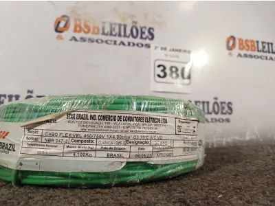 LOTE 380 - 01 ROLO DE CABO FLEXÍVEL 100M 1X4MM NA COR VERDE(NOVO). (NO ESTADO) ATENÇÃO! FAZER A VISITAÇÃO ANTES DE ARREMATAR, NÃO SABEMOS SE FUNCIONA. LEILÃO NÃO TEM GARANTIA E NEM DEVOLUÇÃO, SUJEITO A POSSÍVEIS AVARIAS VISÍVEIS/OCULTAS E/OU AUSÊNCIA DE COMPONENTES.