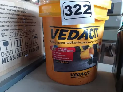 LOTE 322 - 01 BALDE DE VEDACIT, ADITIVO IMPERMEABILIZANTE PARA CONCRETOS E ARGAMASSAS 18L. (NO ESTADO) ATENÇÃO! FAZER A VISITAÇÃO ANTES DE ARREMATAR, NÃO SABEMOS SE FUNCIONA. LEILÃO NÃO TEM GARANTIA E NEM DEVOLUÇÃO, SUJEITO A POSSÍVEIS AVARIAS VISÍVEIS/OCULTAS E/OU AUSÊNCIA DE COMPONENTES.