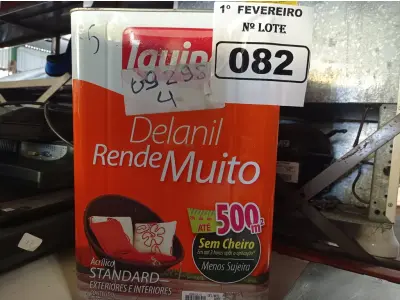 LOTE 082 - 01 LATA DE TINTA IQUINE DELANIL RENDE MUITO 18L FOSCO BASE “M”. (NO ESTADO) ATENÇÃO! FAZER A VISITAÇÃO ANTES DE ARREMATAR, NÃO SABEMOS SE FUNCIONA. LEILÃO NÃO TEM GARANTIA E NEM DEVOLUÇÃO, SUJEITO A POSSÍVEIS AVARIAS VISÍVEIS/OCULTAS E/OU AUSÊNCIA DE COMPONENTES.