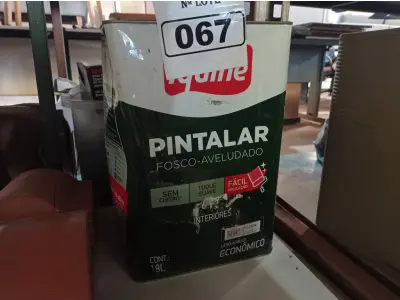 LOTE 067 - 01 LATA DE TINTA IQUINE PINTALAR FOSCO-AVELUDADO 18L NA COR VERDE PISCINA. (NO ESTADO) ATENÇÃO! FAZER A VISITAÇÃO ANTES DE ARREMATAR, NÃO SABEMOS SE FUNCIONA. LEILÃO NÃO TEM GARANTIA E NEM DEVOLUÇÃO, SUJEITO A POSSÍVEIS AVARIAS VISÍVEIS/OCULTAS E/OU AUSÊNCIA DE COMPONENTES.