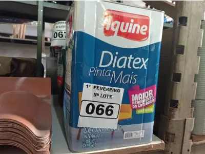 LOTE 066 - 01 LATA DE TINTA IQUINE DIATEX PINTA MAIS 18L BASE “P”. (NO ESTADO) ATENÇÃO! FAZER A VISITAÇÃO ANTES DE ARREMATAR, NÃO SABEMOS SE FUNCIONA. LEILÃO NÃO TEM GARANTIA E NEM DEVOLUÇÃO, SUJEITO A POSSÍVEIS AVARIAS VISÍVEIS/OCULTAS E/OU AUSÊNCIA DE COMPONENTES.