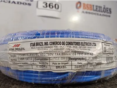 LOTE 360 - 01 ROLO DE CABO FLEXÍVEL 100M 1X4MM NA COR AZUL(NOVO). (NO ESTADO) ATENÇÃO! FAZER A VISITAÇÃO ANTES DE ARREMATAR, NÃO SABEMOS SE FUNCIONA. LEILÃO NÃO TEM GARANTIA E NEM DEVOLUÇÃO, SUJEITO A POSSÍVEIS AVARIAS VISÍVEIS/OCULTAS E/OU AUSÊNCIA DE COMPONENTES.