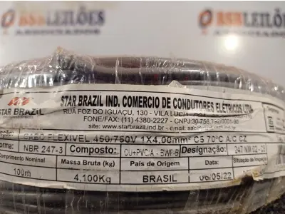 LOTE 230 - 01 ROLO DE CABO FLEXÍVEL 100M 1X4MM NA COR CINZA(NOVO). (NO ESTADO) ATENÇÃO! FAZER A VISITAÇÃO ANTES DE ARREMATAR, NÃO SABEMOS SE FUNCIONA. LEILÃO NÃO TEM GARANTIA E NEM DEVOLUÇÃO, SUJEITO A POSSÍVEIS AVARIAS VISÍVEIS/OCULTAS E/OU AUSÊNCIA DE COMPONENTES.