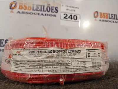 LOTE 240 - 01 ROLO DE CABO FLEXÍVEL 100M 1X4MM NA COR VERMELHA(NOVO). (NO ESTADO) ATENÇÃO! FAZER A VISITAÇÃO ANTES DE ARREMATAR, NÃO SABEMOS SE FUNCIONA. LEILÃO NÃO TEM GARANTIA E NEM DEVOLUÇÃO, SUJEITO A POSSÍVEIS AVARIAS VISÍVEIS/OCULTAS E/OU AUSÊNCIA DE COMPONENTES.