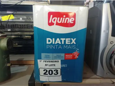LOTE 203 - 01 LATA DE TINTA IQUINE DIATEX PINTA MAIS 18L FOSCO BASE “P”. (NO ESTADO) ATENÇÃO! FAZER A VISITAÇÃO ANTES DE ARREMATAR, NÃO SABEMOS SE FUNCIONA. LEILÃO NÃO TEM GARANTIA E NEM DEVOLUÇÃO, SUJEITO A POSSÍVEIS AVARIAS VISÍVEIS/OCULTAS E/OU AUSÊNCIA DE COMPONENTES.