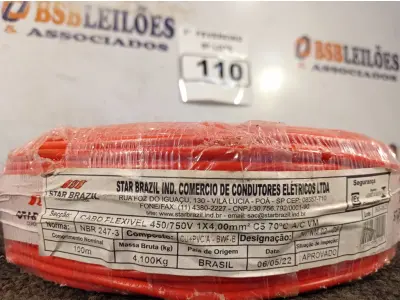 LOTE 110 - 01 ROLO DE CABO FLEXÍVEL 100M 1X4MM NA COR VERMELHA(NOVO). (NO ESTADO) ATENÇÃO! FAZER A VISITAÇÃO ANTES DE ARREMATAR, NÃO SABEMOS SE FUNCIONA. LEILÃO NÃO TEM GARANTIA E NEM DEVOLUÇÃO, SUJEITO A POSSÍVEIS AVARIAS VISÍVEIS/OCULTAS E/OU AUSÊNCIA DE COMPONENTES.