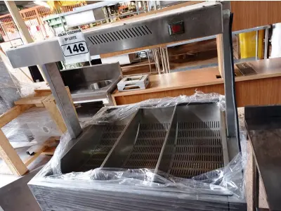 LOTE 146 - 01 AQUECEDOR DE BATATAS/SALGADOS INDUSTRIAL EM AÇO INOX COM 03 BOJOS PARA FEST FOOD. (NO ESTADO, NÃO SABEMOS SE FUNCIONA. LEILÃO NÃO TEM GARANTIA E NEM DEVOLUÇÃO).
