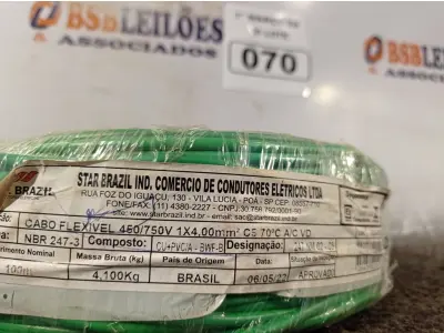 LOTE 070 - 01 ROLO DE CABO FLEXÍVEL 100M 1X4MM NA COR VERDE (NOVO). (NO ESTADO) ATENÇÃO! FAZER A VISITAÇÃO ANTES DE ARREMATAR, NÃO SABEMOS SE FUNCIONA. LEILÃO NÃO TEM GARANTIA E NEM DEVOLUÇÃO, SUJEITO A POSSÍVEIS AVARIAS VISÍVEIS/OCULTAS E/OU AUSÊNCIA DE COMPONENTES.