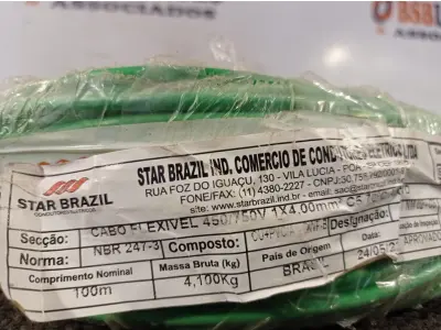 LOTE 050 - 01 ROLO DE CABO FLEXÍVEL 100M 1X4MM NA COR VERDE (NOVO). (NO ESTADO) ATENÇÃO! FAZER A VISITAÇÃO ANTES DE ARREMATAR, NÃO SABEMOS SE FUNCIONA. LEILÃO NÃO TEM GARANTIA E NEM DEVOLUÇÃO, SUJEITO A POSSÍVEIS AVARIAS VISÍVEIS/OCULTAS E/OU AUSÊNCIA DE COMPONENTES.