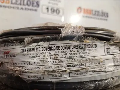 LOTE 190 - 01 ROLO DE CABO FLEXÍVEL 100M 1X4MM NA COR PRETA (NOVO). (NO ESTADO) ATENÇÃO! FAZER A VISITAÇÃO ANTES DE ARREMATAR, NÃO SABEMOS SE FUNCIONA. LEILÃO NÃO TEM GARANTIA E NEM DEVOLUÇÃO, SUJEITO A POSSÍVEIS AVARIAS VISÍVEIS/OCULTAS E/OU AUSÊNCIA DE COMPONENTES.