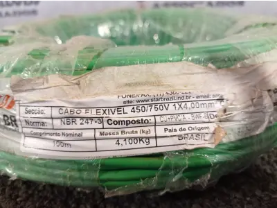 LOTE 180 - 01 ROLO DE CABO FLEXÍVEL 100M 1X4MM NA COR VERDE (NOVO). (NO ESTADO) ATENÇÃO! FAZER A VISITAÇÃO ANTES DE ARREMATAR, NÃO SABEMOS SE FUNCIONA. LEILÃO NÃO TEM GARANTIA E NEM DEVOLUÇÃO, SUJEITO A POSSÍVEIS AVARIAS VISÍVEIS/OCULTAS E/OU AUSÊNCIA DE COMPONENTES.