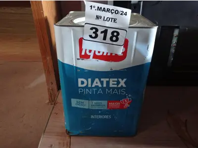LOTE 318 - 01 LATA DE TINTA IQUINE DIATEX PINTA MAIS 18L FOSCO BASE “P”. (NO ESTADO) ATENÇÃO! FAZER A VISITAÇÃO ANTES DE ARREMATAR, NÃO SABEMOS SE FUNCIONA. LEILÃO NÃO TEM GARANTIA E NEM DEVOLUÇÃO, SUJEITO A POSSÍVEIS AVARIAS VISÍVEIS/OCULTAS E/OU AUSÊNCIA DE COMPONENTES.