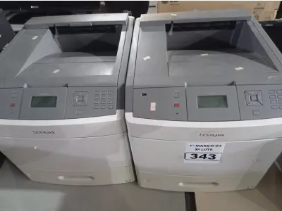 LOTE 343 - 02 IMPRESSORAS IMPRESSORA A LASER LEXMARK T654DN. (NO ESTADO) ATENÇÃO! FAZER A VISITAÇÃO ANTES DE ARREMATAR, NÃO SABEMOS SE FUNCIONA. LEILÃO NÃO TEM GARANTIA E NEM DEVOLUÇÃO, SUJEITO A POSSÍVEIS AVARIAS VISÍVEIS/OCULTAS E/OU AUSÊNCIA DE COMPONENTES.