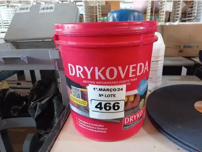 LOTE 466 - 01 BALDE DE DRYKOVEDA, ADITIVO IMPERMEABILIZANTE PARA ARGAMASSA E CONCRETO 18L. (NO ESTADO) ATENÇÃO! FAZER A VISITAÇÃO ANTES DE ARREMATAR, NÃO SABEMOS SE FUNCIONA. LEILÃO NÃO TEM GARANTIA E NEM DEVOLUÇÃO, SUJEITO A POSSÍVEIS AVARIAS VISÍVEIS/OCULTAS E/OU AUSÊNCIA DE COMPONENTES.