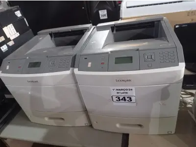 LOTE 343 - 02 IMPRESSORAS IMPRESSORA A LASER LEXMARK T654DN. (NO ESTADO) ATENÇÃO! FAZER A VISITAÇÃO ANTES DE ARREMATAR, NÃO SABEMOS SE FUNCIONA. LEILÃO NÃO TEM GARANTIA E NEM DEVOLUÇÃO, SUJEITO A POSSÍVEIS AVARIAS VISÍVEIS/OCULTAS E/OU AUSÊNCIA DE COMPONENTES.