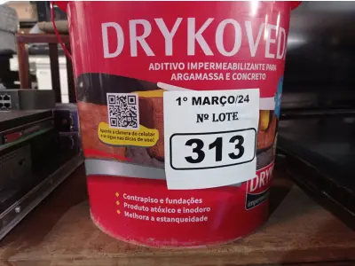 LOTE 313 - 01 BALDE DE DRYKOVEDA, ADITIVO IMPERMEABILIZANTE PARA ARGAMASSA E CONCRETO 18L. (NO ESTADO) ATENÇÃO! FAZER A VISITAÇÃO ANTES DE ARREMATAR, NÃO SABEMOS SE FUNCIONA. LEILÃO NÃO TEM GARANTIA E NEM DEVOLUÇÃO, SUJEITO A POSSÍVEIS AVARIAS VISÍVEIS/OCULTAS E/OU AUSÊNCIA DE COMPONENTES.