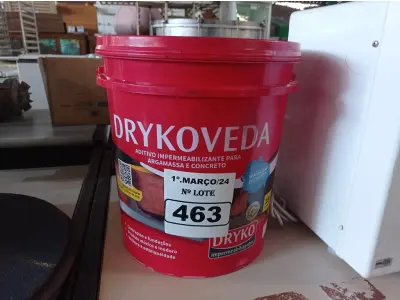 LOTE 463 - 01 BALDE DE DRYKOVEDA, ADITIVO IMPERMEABILIZANTE PARA ARGAMASSA E CONCRETO 18L. (NO ESTADO) ATENÇÃO! FAZER A VISITAÇÃO ANTES DE ARREMATAR, NÃO SABEMOS SE FUNCIONA. LEILÃO NÃO TEM GARANTIA E NEM DEVOLUÇÃO, SUJEITO A POSSÍVEIS AVARIAS VISÍVEIS/OCULTAS E/OU AUSÊNCIA DE COMPONENTES.
