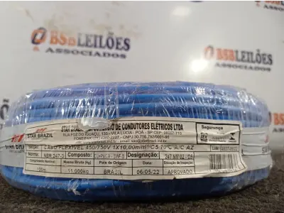LOTE 220 - 01 ROLO DE CABO FLEXÍVEL 100M 1X10MM NA COR AZUL(NOVO). (NO ESTADO) ATENÇÃO! FAZER A VISITAÇÃO ANTES DE ARREMATAR, NÃO SABEMOS SE FUNCIONA. LEILÃO NÃO TEM GARANTIA E NEM DEVOLUÇÃO, SUJEITO A POSSÍVEIS AVARIAS VISÍVEIS/OCULTAS E/OU AUSÊNCIA DE COMPONENTES.
